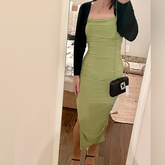 Express BodyCon Ruched Side Slit Midi Dress With Bra Cups in Green - Picture 7 of 9